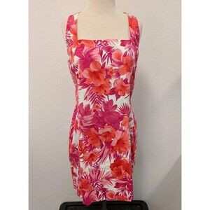Evan Picone Pink Floral Sheath Sleeveless Square Neck Cotton Dress sz 14 Resort
